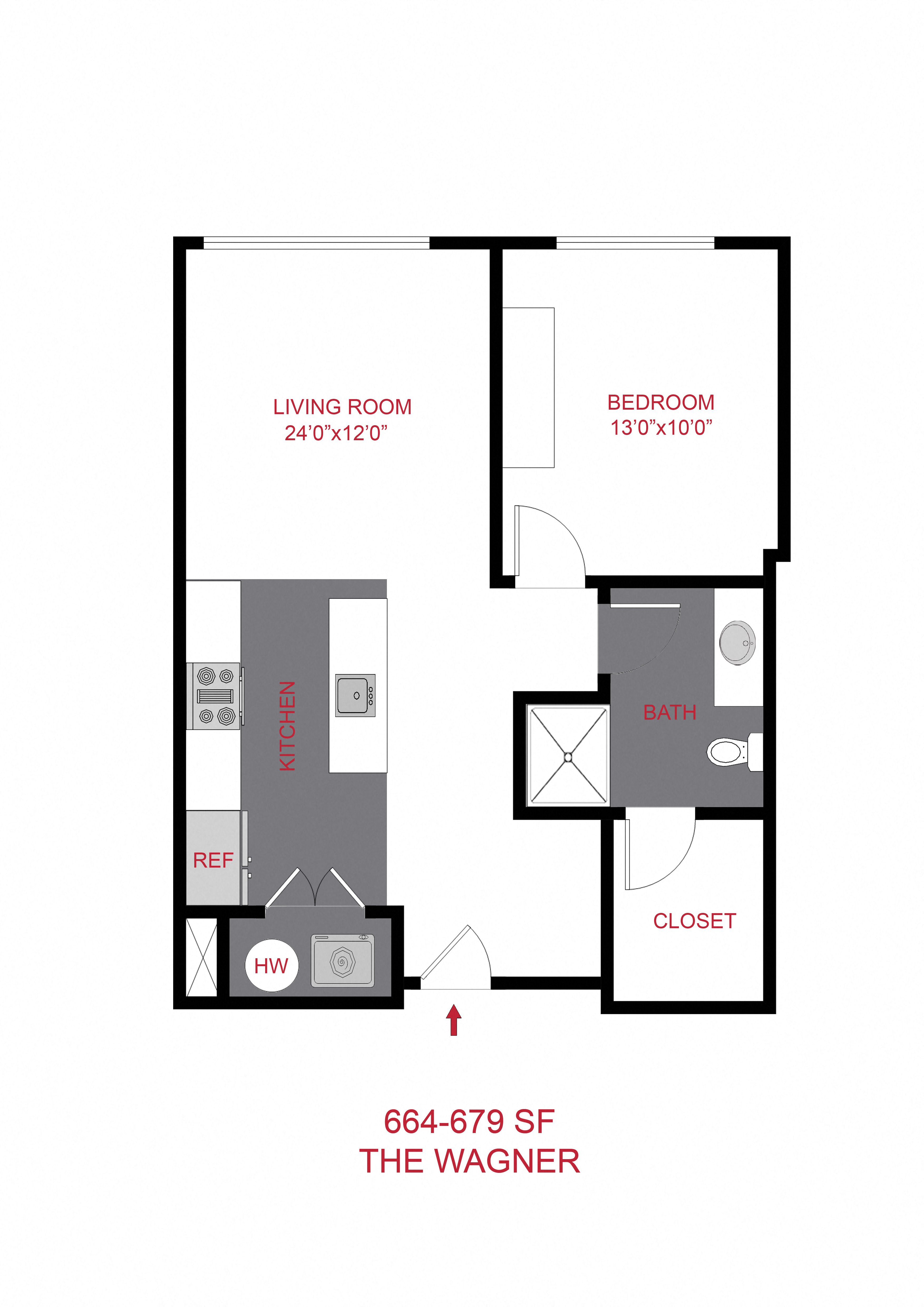 Floor plan for 1 bed, 1 bath, 673 sqft